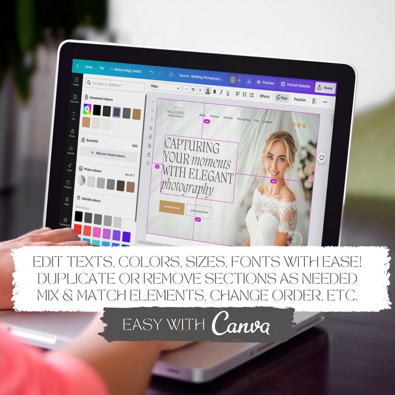 K&ouml;nnte beinhalten: Ein Laptop-Bildschirm zeigt die Canva-Benutzeroberfl&auml;che mit einem Website-Design-Projekt. Das Design enth&auml;lt ein Foto einer Person in einem wei&szlig;en Spitzen-Brautkleid und den Text CAPTURING YOUR moments WITH ELEGANT photography.