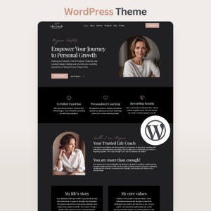 Könnte beinhalten: Ein dunkel gestaltetes WordPress-Website-Template für einen Life-Coach mit schwarzem Hintergrund, weißer Serifenschrift und zwei kreisförmigen Porträtbildern einer Frau. Das Layout enthält Abschnitte zu persönlichem Wachstum und Coaching-Diensten.