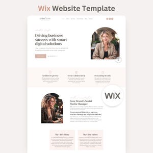 Op de afbeelding: Een Wix-websitetemplate met een strakke, witte lay-out met zachtroze accenten. Het ontwerp bevat secties voor zakelijke diensten, professionele fotografie in boogvormige kaders en tekstkoppen zoals Driving business success.