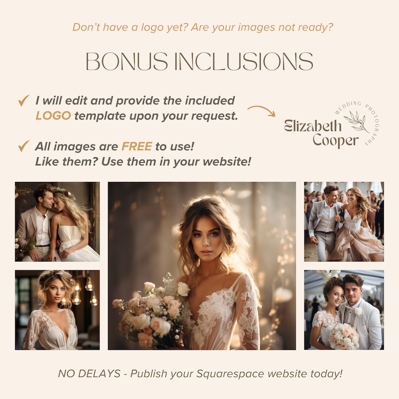 May include: A promotional image for wedding photography services. The image includes a logo, text, and several sample photos of couples. The text includes "BONUS INCLUSIONS" and "All images are FREE to use!" The logo says "Elizabeth Cooper Wedding Photography".