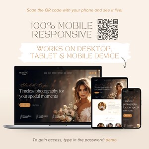May include: A laptop, tablet, and smartphone display a website promoting "Timeless photography for your special moments." The website is mobile responsive and works on desktop, tablet, and mobile devices. The text includes "Elizabeth Cooper" and "demo" as a password.