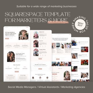 May include: A Squarespace website template designed for marketers and other businesses. The template features a pink and white colour scheme with a modern design. The text on the website reads "Driving business success with smart digital solutions", "Your Brand's Social Media Manager", "Why Trust Me?", and "Subscribe to my Newsletter".