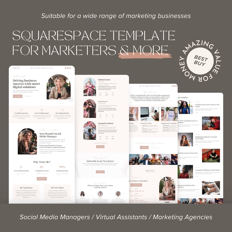 May include: A Squarespace website template designed for marketers and other businesses. The template features a pink and white colour scheme with a modern design. The text on the website reads "Driving business success with smart digital solutions", "Your Brand's Social Media Manager", "Why Trust Me?", and "Subscribe to my Newsletter".