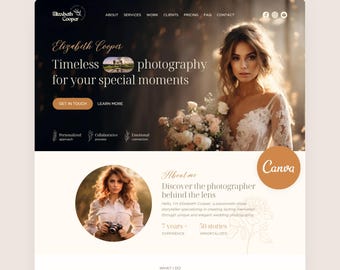 Modelo de site de fotografia de casamento Modelo Canva para fotógrafos Página de destino Boho Site editável