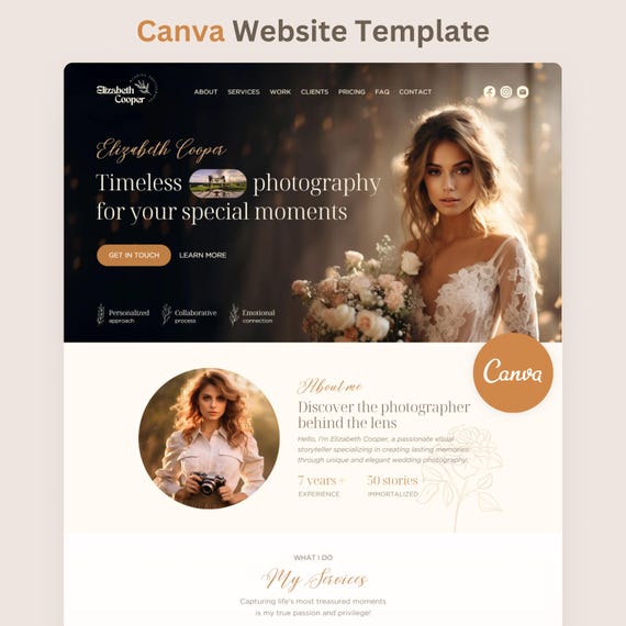 Wedding Photography Website Template Canva Template for Photographers Boho Landing Page Editable Web Site