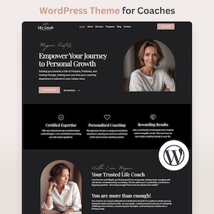 May include: A website design for a life coach, featuring a dark theme with white text and accents. The design includes sections for services, expertise, and a personal introduction. The text reads "Empower Your Journey to Personal Growth."