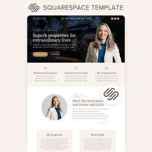 Peut inclure: Un modèle de site web Squarespace pour un professionnel de l'immobilier présentant une section héros avec une personne en blazer blanc, un menu de navigation, des icônes de service, une section à propos avec un portrait circulaire.