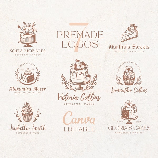 7 Bakery Logo Designs, Premade Baker Logo, Editable Cupcake Logo, Canva Logo Cake, Cake Logo Design, DIY Logo Designs, HandDrawn Logos, Boho