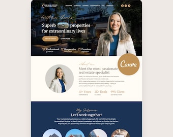 Pode incluir: Um modelo de site Canva para uma agente imobiliária chamada Victoria Thomas. O layout apresenta uma seção principal com uma imagem de casa, um retrato profissional e seções de texto detalhando serviços, experiência e satisfação do cliente.