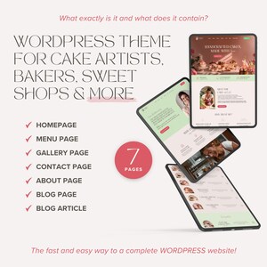 May include: A digital display of a WordPress theme for cake artists, bakers, and sweet shops. The theme showcases a homepage, menu page, gallery page, contact page, about page, blog page, and blog article. The text reads "HANDCRAFTED CAKES, MADE WITH"