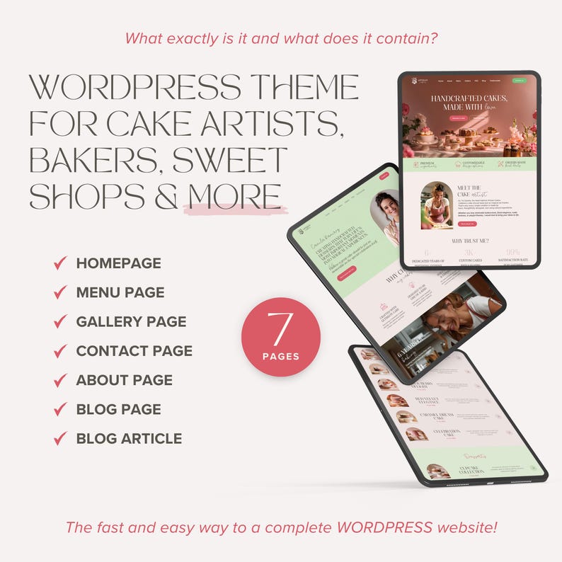 May include: A digital display of a WordPress theme for cake artists, bakers, and sweet shops. The theme showcases a homepage, menu page, gallery page, contact page, about page, blog page, and blog article. The text reads "HANDCRAFTED CAKES, MADE WITH"
