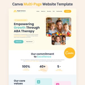 Puede incluir: Una plantilla de sitio web para Bright Horizons ABA Therapy, con un diseño limpio y una paleta de colores claros. La plantilla incluye secciones para servicios, testimonios e información de contacto, con imágenes de niños y cuidadores.