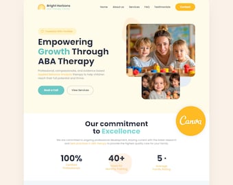 Plantilla de Canva para sitio web de guardería, plantilla escolar, terapia ABA, sitio web para terapeuta infantil, educación infantil