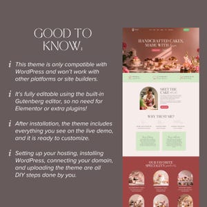 May include: A website design promoting handcrafted cakes, with the text "HANDCRAFTED CAKES, MADE WITH love." The design features sections for premium ingredients, a cake artist, and specialty products. Additional text includes "GOOD TO KNOW:" and WordPress compatibility details.