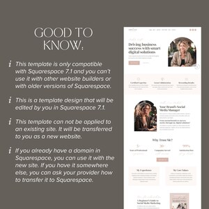 May include: A website screenshot showing a template design for a business website. The website features a light brown background with a white text overlay. The text includes the phrase "Good to Know" and a list of information about the template. The website also features a photo of a woman with a light brown background.