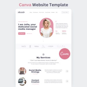 Könnte beinhalten: Eine Canva-Website-Vorlage für eine Social-Media-Managerin namens Julia Martin. Das Layout zeigt einen weißen Hintergrund mit rosa Akzenten, ein kreisförmiges Porträt, ein Navigationsmenü, Servicebeschreibungen und ein Canva-Logo. Der Text enthält Überschriften wie My Services, Social Media Strategy und Content Creation.