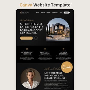 May include: A Canva website template for a real estate agent featuring a black background with white text. The layout includes a hero section with a modern house image, navigation menu, service highlights, and a professional profile section.