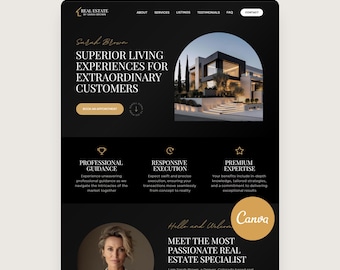 May include: A Canva website template for a real estate agent featuring a black background with white text. The layout includes a hero section with a modern house image, navigation menu, service highlights, and a professional profile section.