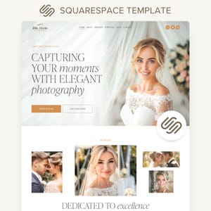 May include: A Squarespace template for a photography website. The design features a smiling woman in a wedding dress, with the text "CAPTURING YOUR moments WITH ELEGANT photography." Additional photos showcase wedding photography. The website logo is a stylized "UN".
