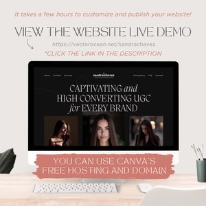 May include: A computer monitor displays a website design with the text "CAPTIVATING and HIGH CONVERTING UGC for EVERY BRAND." The website's URL is visible. A keyboard, mouse, and pencils are on the desk.