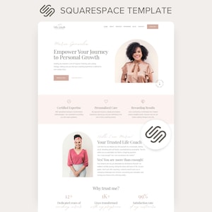 Könnte beinhalten: Eine Squarespace-Website-Vorlage für einen Life-Coach mit heller Farbpalette, Serifenschrift und zwei kreisförmigen Platzhaltern für Porträts. Das Layout enthält Abschnitte für persönliches Branding, Service-Highlights und Statistiken.