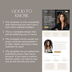 May include: A website template for a life coach, featuring a woman smiling and text that says "EMPOWER YOUR JOURNEY TO PERSONAL GROWTH". The website also includes information about the coach's expertise, personalized care, and rewarding results.