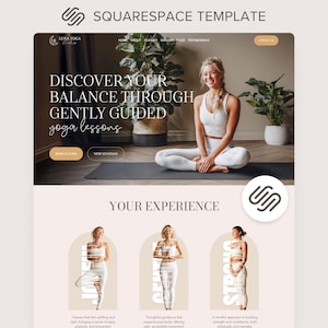 May include: A Squarespace website template for a yoga studio named Luna Yoga Studio. The layout features a hero section with a person in white activewear on a mat, navigation links, and buttons. Below, a section titled Your Experience displays three arched images of a person in white activewear with the words Joyful, Gentle, and Strong overlaid.
