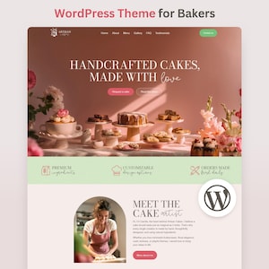 May include: A website design for a bakery, showcasing handcrafted cakes. The design includes a header with navigation, a banner with the text "HANDCRAFTED CAKES, MADE WITH love", and sections for premium ingredients, design options, and daily orders.