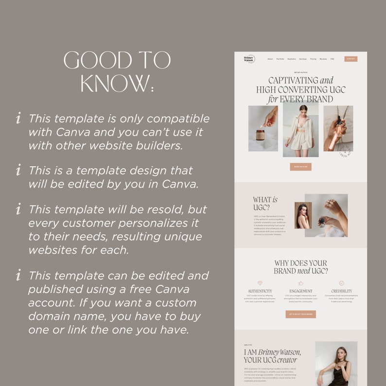 May include: A website template design for creating a website using Canva. The template features a light brown background with text in a serif font. The text reads "GOOD TO KNOW:" and includes information about the template's compatibility, editing, and resale.