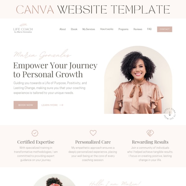 Modèle de site Web de coaching de site Web Canva Modèle de page de destination Boho pour coach de vie Site Web d'entreprise pour coaching Site Web d'une page Canva