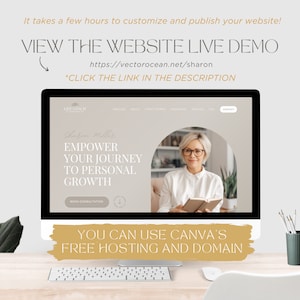May include: A computer monitor displaying a website template for a life coach named Sharon Miller. The screen features the text EMPOWER YOUR JOURNEY TO PERSONAL GROWTH, a navigation menu, and a photo of a person holding a book. The design is beige.
