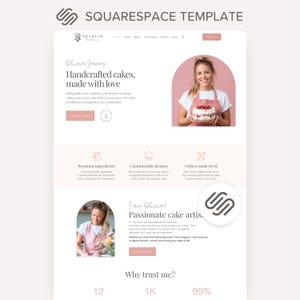May include: A Squarespace website template for a bakery business titled The Cake Lab. The layout features a white background with soft pink accents, including sections for services, an about page, and testimonials, showcasing professional photography.