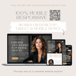 May include: A website design mockup showing a laptop, tablet, and smartphone displaying a website for a life coach. The website features a photo of the life coach and the text "EMPOWER YOUR JOURNEY TO PERSONAL GROWTH". The website is 100% mobile responsive and works on desktop, tablet, and mobile devices.