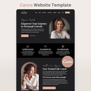 May include: A Canva website template for a life coach featuring a dark charcoal background with soft pink accents. The layout includes sections for personal branding, service descriptions, and testimonials, with placeholder text and images of a person.