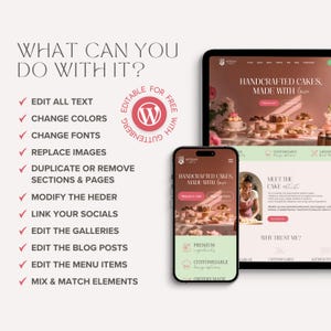 May include: A digital mockup of a website design for handcrafted cakes, shown on a tablet and smartphone. The design uses a light colour palette, images of cakes, and the text "HANDCRAFTED CAKES, MADE WITH love."
