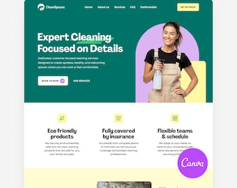 Canva Template for Cleaning Company Canva Website Services Editable Maid Web Site Multi Page