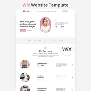 Könnte beinhalten: Eine Wix-Website-Vorlage für eine Social-Media-Managerin namens Julia Martin. Das Layout umfasst einen Hero-Bereich mit einem Profilfoto sowie einen Service-Bereich mit Details zu Social-Media-Strategie, Content-Erstellung und Kampagnen.