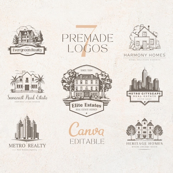 7 Real Estate Logo Designs, Premade Realestate Logo,  Editable Canva Logo Realtor, Real Estate Canva Logo, DIY Logo Designs, HandDrawn Logos