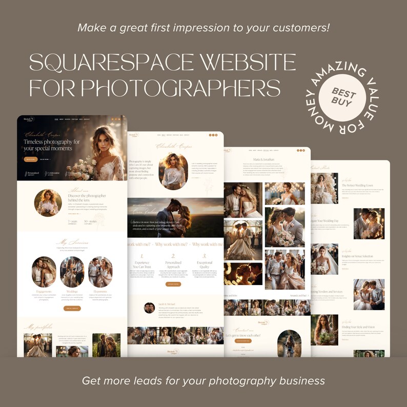 May include: A Squarespace website design for photographers, showcasing a wedding photography portfolio. The design features a neutral color palette, elegant fonts, and sample images. Text includes "Make a great first impression to your customers!"