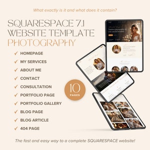 May include: A Squarespace 7.1 website template for photography, showcasing a website design on three digital tablets. The design includes a homepage, portfolio, blog, and contact pages. The text reads "Timeless photography for your special moments."