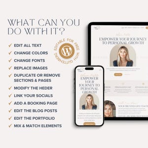 May include: A digital website template display featuring a tablet and smartphone showing a life coach landing page. Text includes WHAT CAN YOU DO WITH IT? and a list of editable features like edit text, change colors, fonts, and add a booking page.