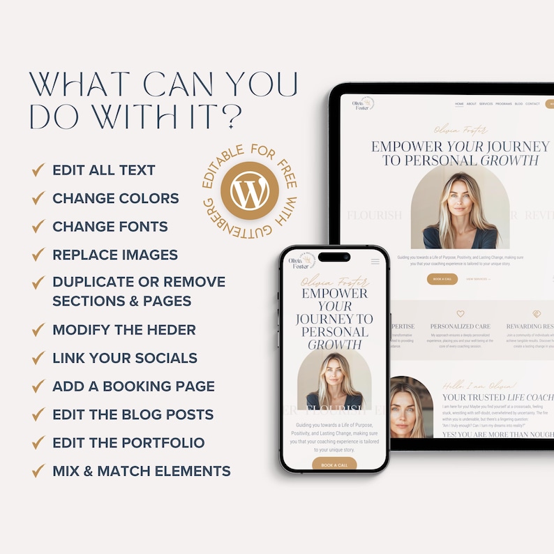 May include: A digital website template display featuring a tablet and smartphone showing a life coach landing page. Text includes WHAT CAN YOU DO WITH IT? and a list of editable features like edit text, change colors, fonts, and add a booking page.