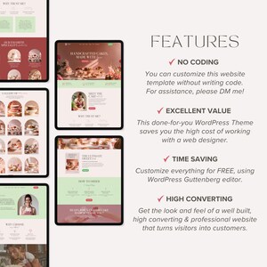 May include: A website template showcasing handcrafted cakes, displayed on tablets. The design features a colour scheme of burgundy, green, and white. Text includes "Features" and descriptions like "No Coding" and "Excellent Value."