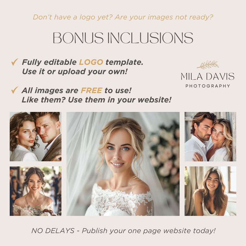 K&ouml;nnte beinhalten: Eine digitale Marketinggrafik f&uuml;r Mila Davis Photography mit dem Text Bonus Inclusions, Fully editable logo template und All images are free to use. Das Layout enth&auml;lt f&uuml;nf separate Fotografien von Paaren und Einzelpersonen.