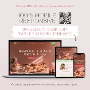 May include: A laptop, tablet, and smartphone display a website showcasing handcrafted cakes. The text reads "100% Mobile Responsive" and "Works on Desktop, Tablet & Mobile Device." A QR code is also present. The website features various cakes.