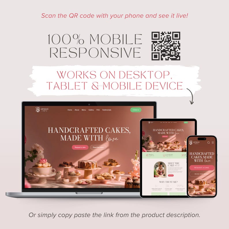 May include: A laptop, tablet, and smartphone display a website showcasing handcrafted cakes. The text reads "100% Mobile Responsive" and "Works on Desktop, Tablet & Mobile Device." A QR code is also present. The website features various cakes.