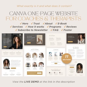 May include: A Canva one-page website template for coaches and therapists. The template features 11 sections, including a hero section, about section, services section, how it works section, programs section, reviews section, e-book section, subscribe to newsletter section, FAQ section, and footer section. The template is designed to be visually appealing and easy to navigate.