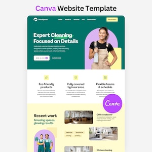 May include: A Canva website template for a cleaning service business named CleanSpaces. The layout features a dark green header with white text, a hero section with a person in beige overalls, and sections detailing eco-friendly products and insurance.