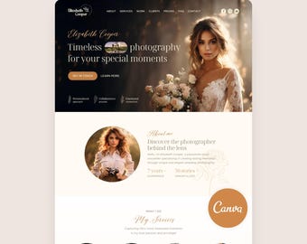 May include: A Canva website template for a photographer named Elizabeth Cooper. The layout features a dark header with a portrait of a bride, navigation links, and text. Below, a light section includes an about me profile, services, and images.