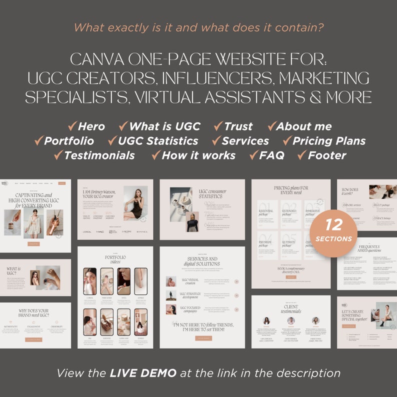 May include: A Canva one-page website template for UGC creators, influencers, marketing specialists, and virtual assistants. The template features 12 sections, including a hero section, portfolio, UGC statistics, services, pricing plans, testimonials, how it works, FAQ, and a footer.